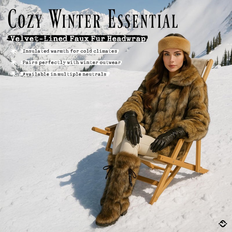 Funky Junque Fuzzy Headbands for Women – Fluffy Faux Fur Ear Warmer Head band, Warm Winter Furry Ear Muff Head Wrap Cozy Fit - Camel - Image 2